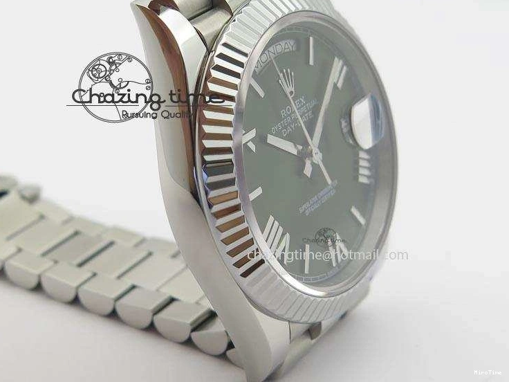 MiroTime 0424 Stretchable DayDate 40mm BP-Maker 228206 SS Green Roman Dial (Fluted Bezel) On SS Bracelet ETA 3904